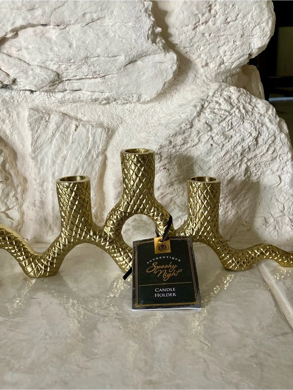 NWT Gold toned metal textured snake taper candle holders